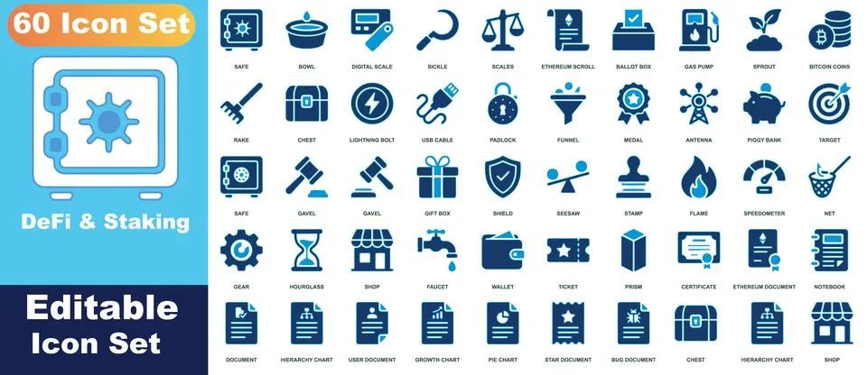 Set of 60 blue gradient icons featuring de fi, staking, finance, and busine.. Stock Illustration