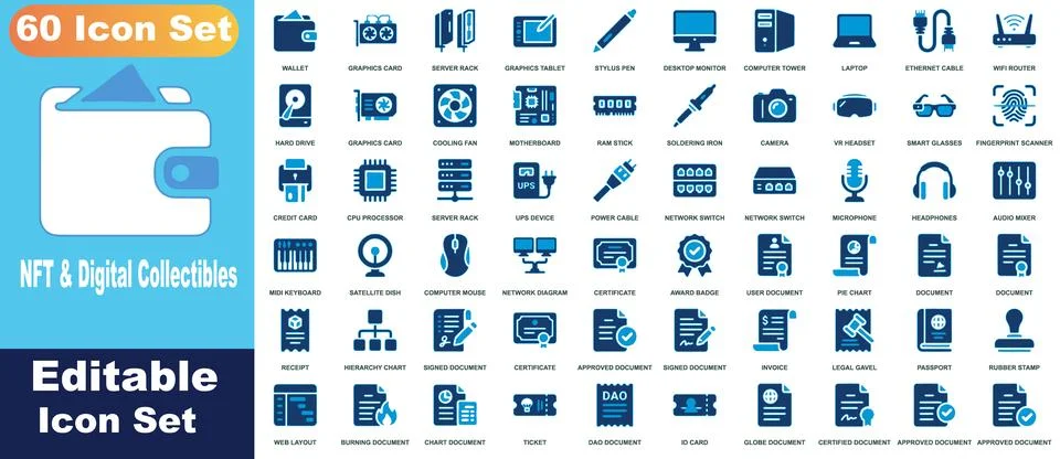 Set of 60 blue gradient icons representing nft, digital collectibles, compu.. Stock Illustration