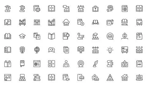 Set of 60 Classroom and Library web icons in line style study space icon, q.. Stock Illustration