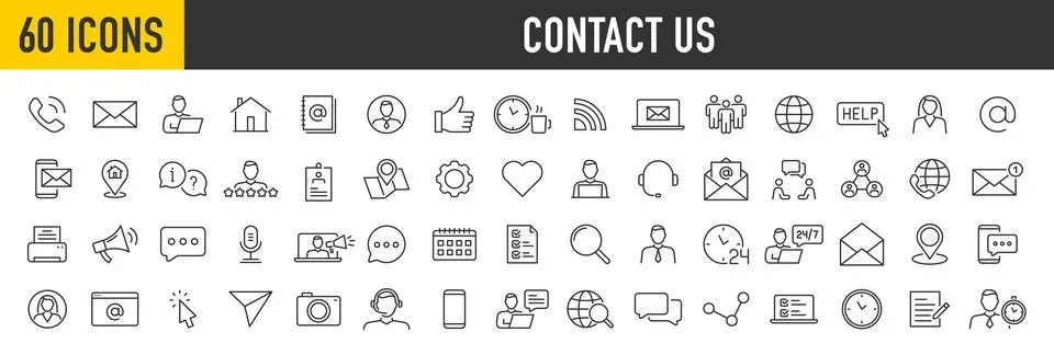 Set of 60 Contact Us web icons in line style. Web and mobile icon. Chat, su.. Stock Illustration