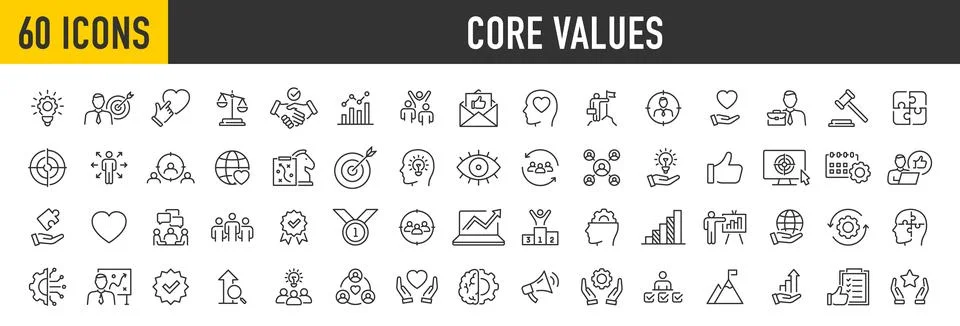 Set of 60 Core Values web icon set in line style. Innovation, integrity, cu.. Illustrazione stock