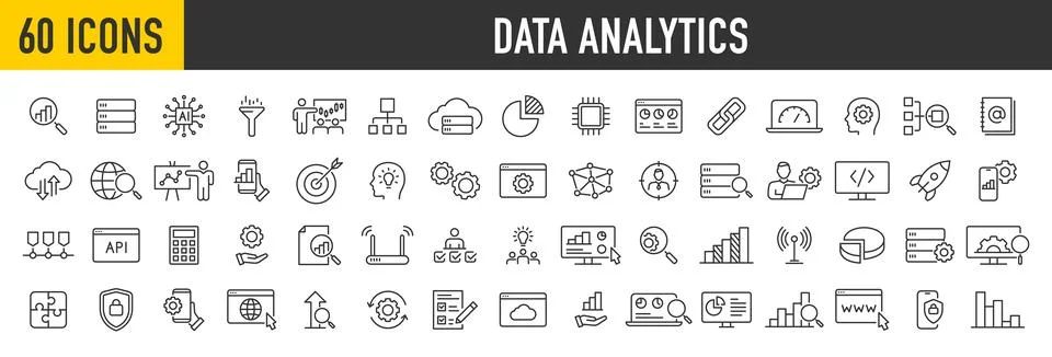 Set of 60 Data Analysis web icons in line style. Graphs, Analysis, Big Data.. Illustrazione stock
