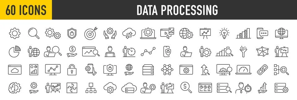 Set of 60 Data Processing web icons in line style. Analytics, gear, network.. Illustrazione stock