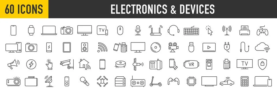 Set of 60 Device and technology web icons in line style. Computer monitor, .. Stock Illustration