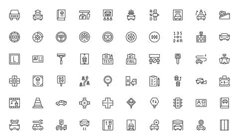 Set of 60 Driving School  web icons in line style Cars, Traffic, Education,.. Stock Illustration