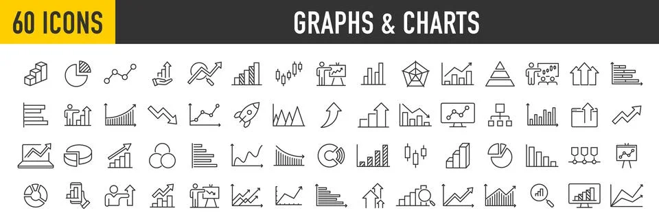 Set of 60 graph and charts web icons in line style. Graphics, infographic, .. Stock Illustration