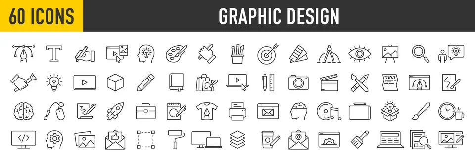 Set of 60 Graphic design web icons in line style. Icons for graphic designe.. Stock Illustration