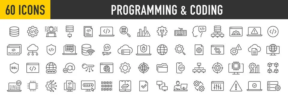 Set of 60 Programming and coding web icons in line style. Information techn.. 스톡 일러스트