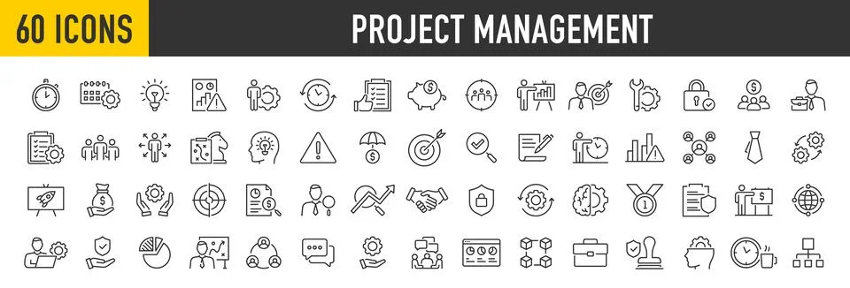Set of 60 Project Management web icons in line style. Schedule, human resou.. Stock Illustration