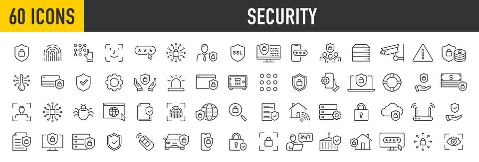 Set of 60 Security web icons in line style. Guard, cyber security, password.. Stock Illustration