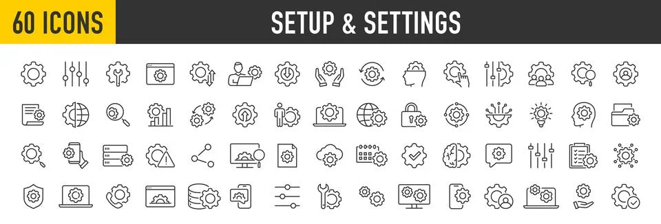 Set of 60 Setup and Settings web icons in line style. Options, download, up.. Stock Illustration
