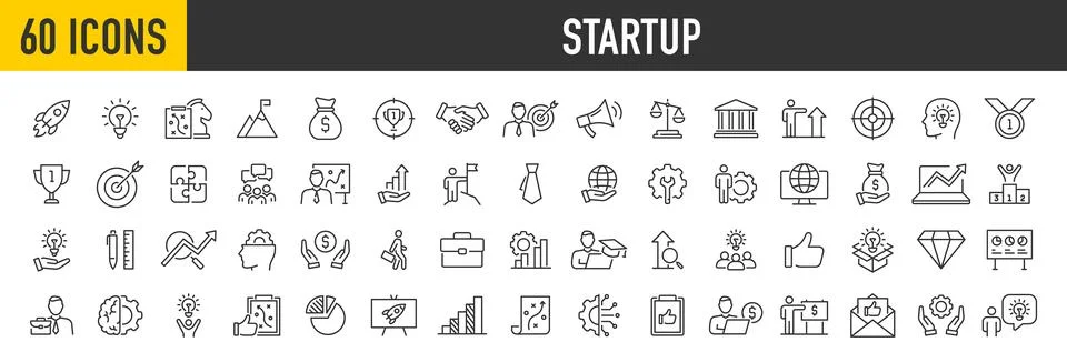 Set of 60 Startup web icons in line style. Business, Creative, idea, market.. Stock Illustration