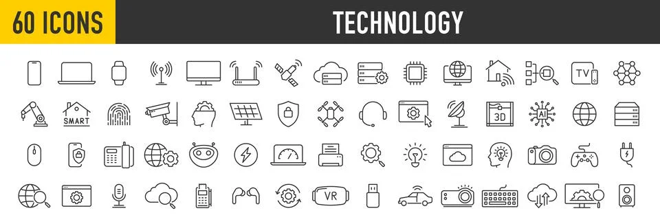 Set of 60 Technology web icons in line style. Computing, social network, ma.. Stock Illustration