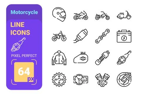 Set 64px motorcycle simple lines icons of motorbike and equipment. Stock Illustration