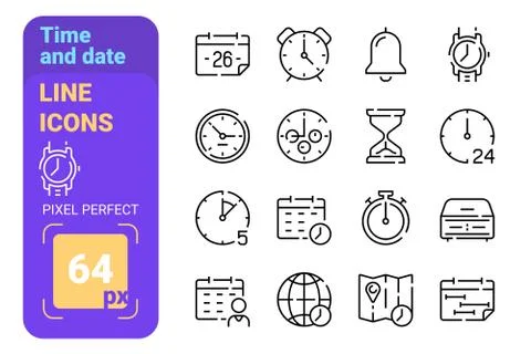 Set 64px time and date simple lines icons. Stock Illustration