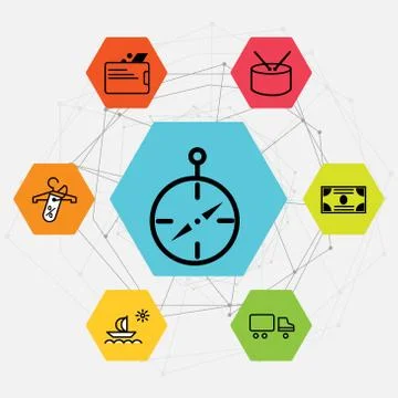 Set Of 7 black simple editable icons such as Discount tag on shopping, Ship,  Stock Illustration