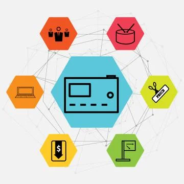 Set Of 7 black simple editable icons such as Laptop, Money down arrow, Scisso Illustrazione stock