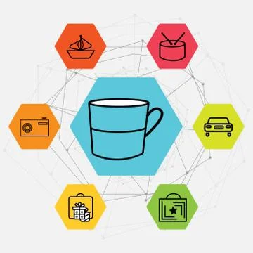 Set Of 7 black simple editable icons such as Camera, Gift, present, Shopping  Stock Illustration