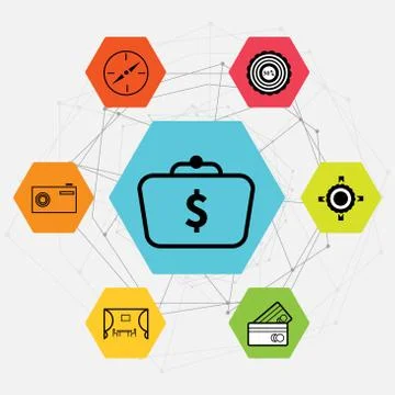 Set Of 7 black simple editable icons such as Camera, Kitchen, Shopping card,  Stock Illustration