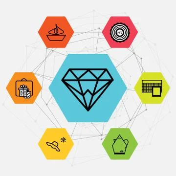 Set Of 7 black simple editable icons such as Gift, present, Hat and sun, An e Ilustración de archivo