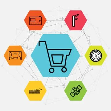 Set Of 7 black simple editable icons such as Kitchen, Keyboard, Watch, clock, Stock Illustration