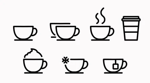 Set of 7 coffee and tea cup vector icons. Stock Illustration