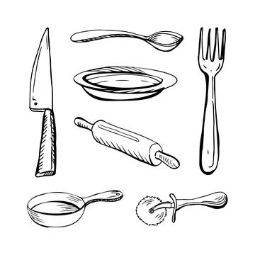 Set of 7 cutlery thin black lines on a white background - Vector 스톡 일러스트