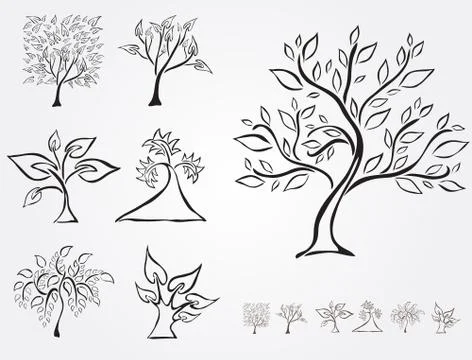Set of 7 decorative trees Stock Illustration