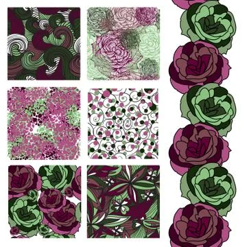 Set of 7 elegant seamless patterns with decorative waves, roses, design elements イラスト素材