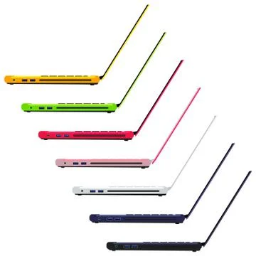 Set of 7 notebook painted orange, green, red, pink, white, purple and black. Stock Illustration