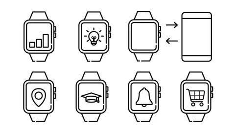 Set of 7 smartwatch device icons 库存插图