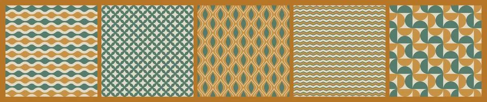Set of 70 s seamless pattern. Retro geometric seamless background in seventie Stock Illustration