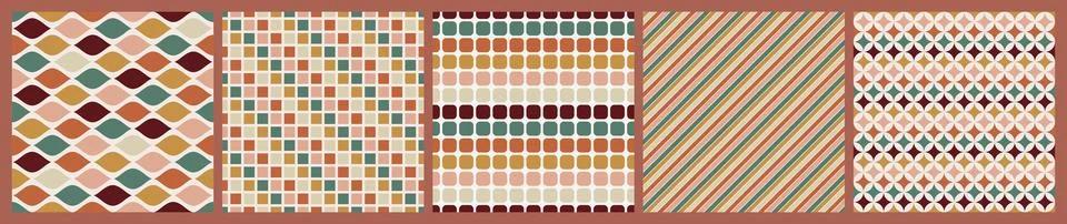 Set of 70 s seamless pattern. Retro geometric seamless background in seventie Stock Illustration