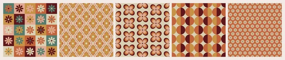 Set of 70 s seamless pattern. Retro geometric seamless background in seventie Stock Illustration