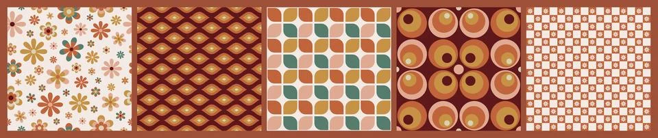 Set of 70 s seamless pattern. Retro geometric seamless background in seventie Stock Illustration