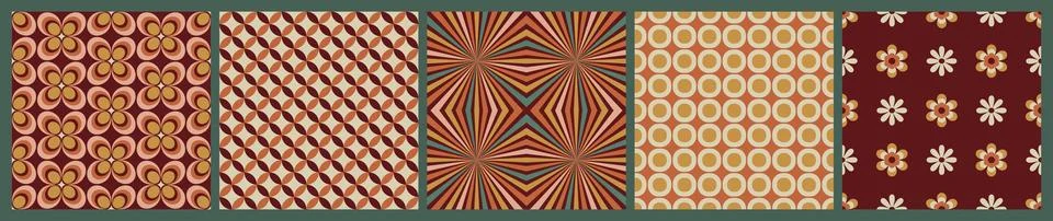 Set of 70 s seamless pattern. Retro geometric seamless background in seventie Stock Illustration