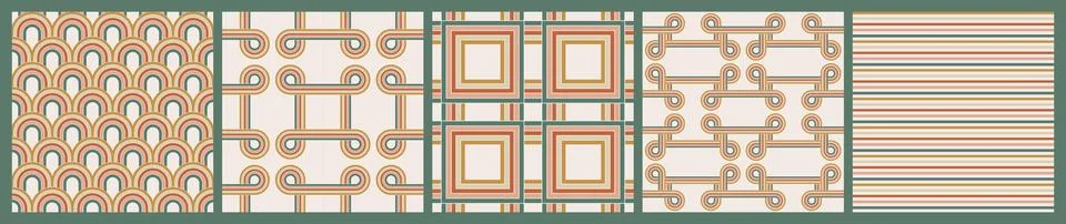 Set of 70 s seamless patterns. Retro colorful line geometric seamless backgro Stock Illustration