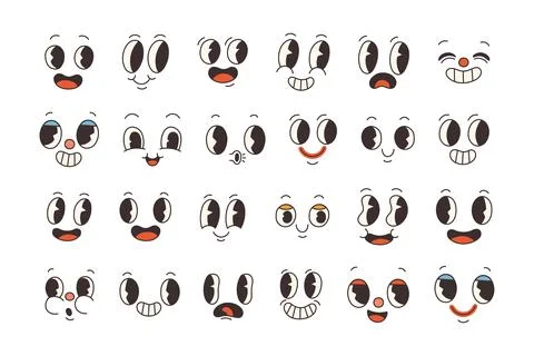 Set of 70s groovy comic faces vector. Collection of cartoon character faces, in Stock Illustration