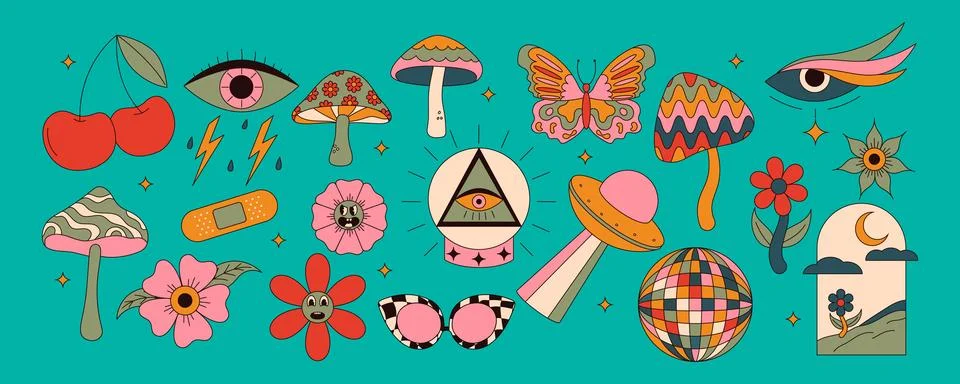 Set of 70s groovy elements. Mushrooms, sun, flower, lips, eyes, sunglasses .. Stock Illustration