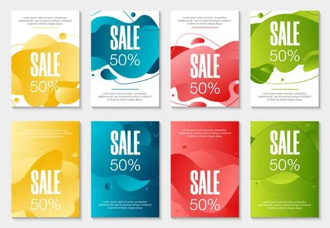 Set of 8 abstract modern graphic liquid banners. Dynamical waves different co Stock Illustration
