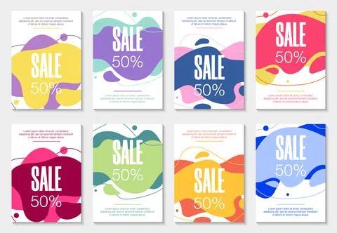 Set of 8 abstract modern graphic liquid banners. Dynamical waves different co Stock Illustration