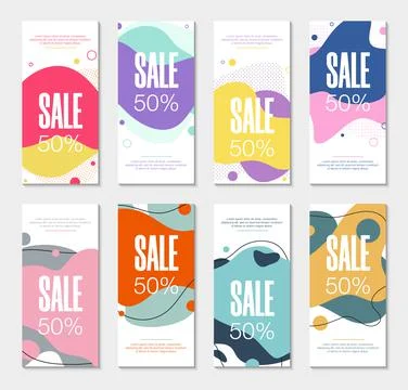 Set of 8 abstract modern graphic liquid banners. Dynamical waves different co Stock Illustration