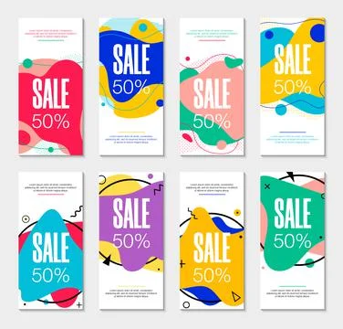 Set of 8 abstract modern graphic liquid banners. Dynamical waves different co Stock Illustration