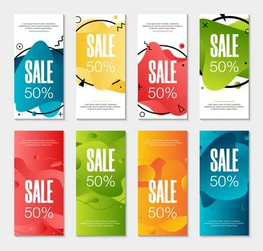 Set of 8 abstract modern graphic liquid banners. Dynamical waves different co Stock Illustration