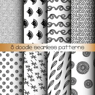 Set of 8 black and white doodle seamless patterns Stock Illustration
