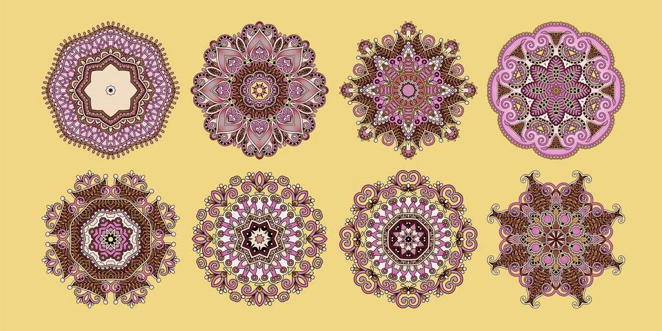 Set of 8 circle paisley pattern to winter snowflakes design Stock Illustration