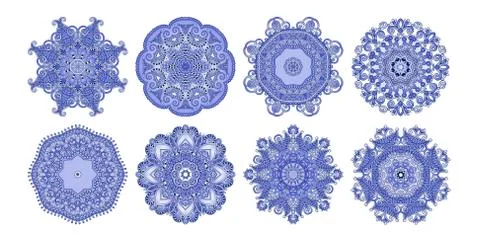 Set of 8 circle paisley pattern to winter snowflakes design Stock Illustration