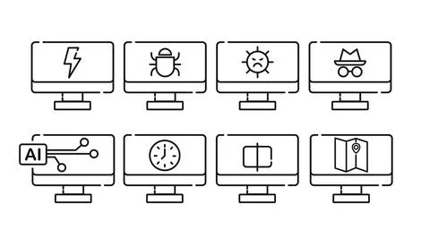Set of 8 desktop computer vector icons. Stock Illustration