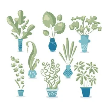 Set of 8 different house plants in pots. Old fashioned colors in flat modern Stock Illustration