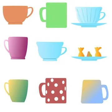 Set of 8 different mugs for tea and coffee. tall glasses and low tea cups for Stock Illustration